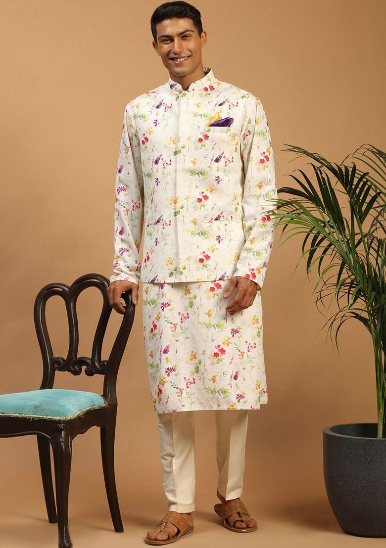 Cream Floral Print Poly Blend Kurta Set For Men