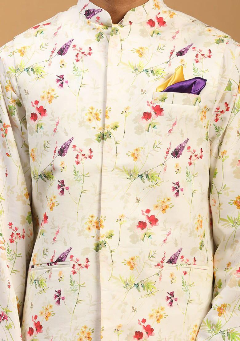 Cream Floral Print Poly Blend Kurta Set For Men