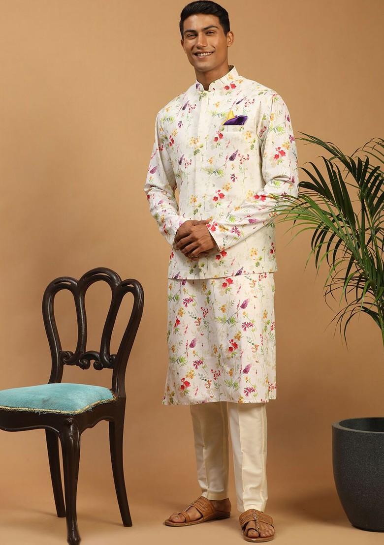 Cream Floral Print Poly Blend Kurta Set For Men
