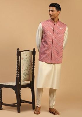 Cream Mirror Work Poly Blend Kurta Set For Men