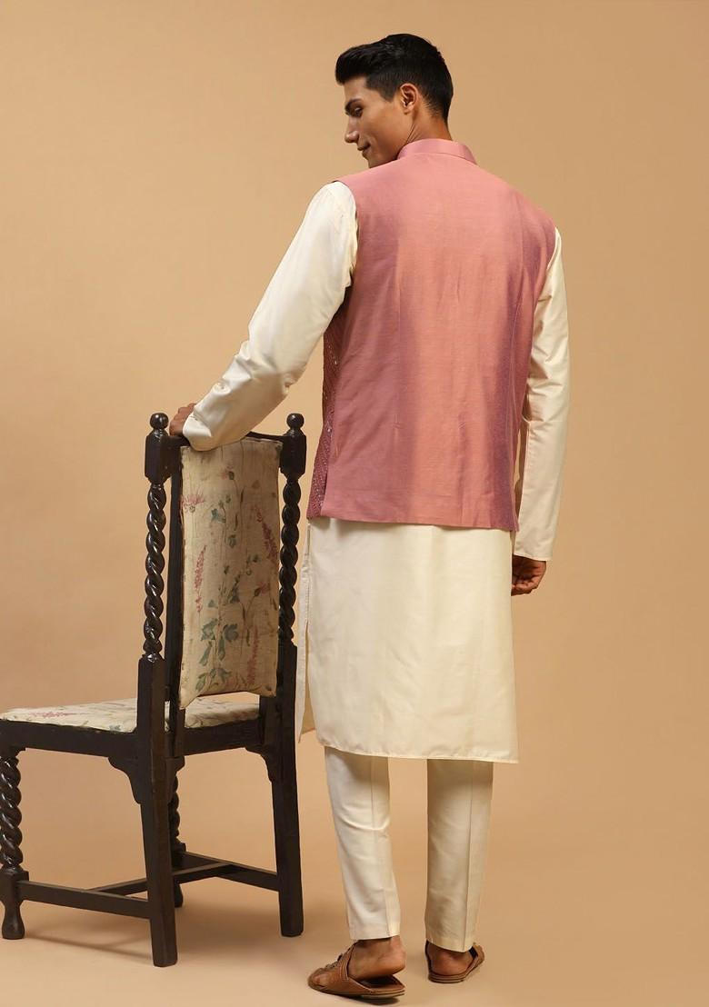 Cream Mirror Work Poly Blend Kurta Set For Men
