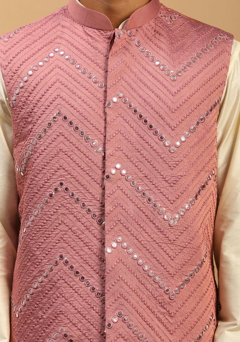 Cream Mirror Work Poly Blend Kurta Set For Men