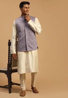 Cream Mirror Work Poly Blend Kurta Set For Men