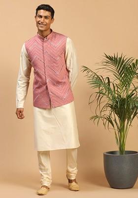 Cream Mirror Work Poly Blend Kurta Set For Men