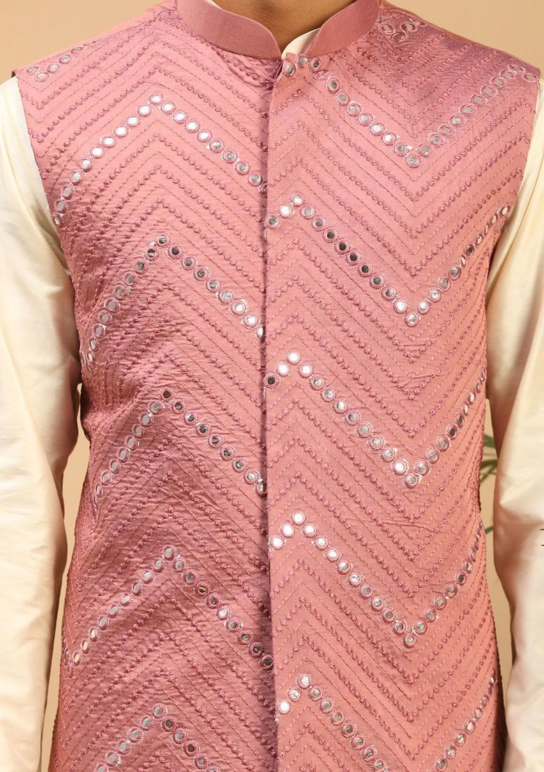 Cream Mirror Work Poly Blend Kurta Set For Men