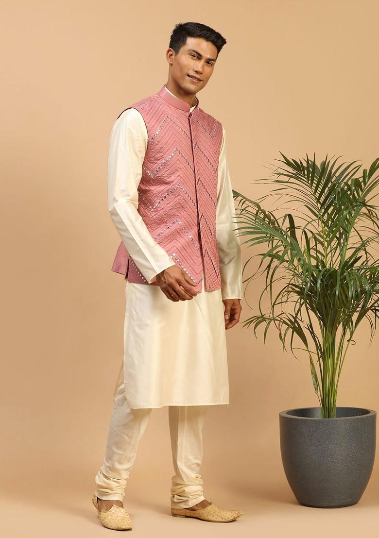 Cream Mirror Work Poly Blend Kurta Set For Men