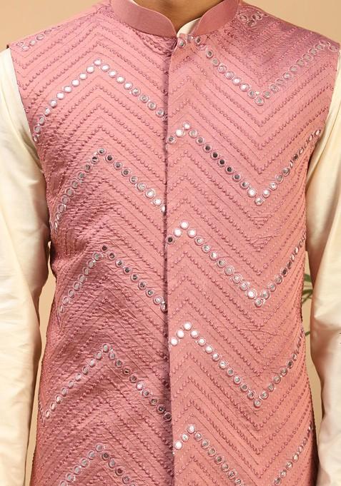 Cream Mirror Work Poly Blend Kurta Set For Men