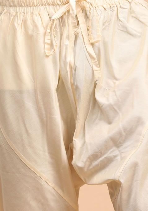 Cream Mirror Work Poly Blend Kurta Set For Men