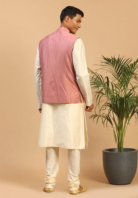 Cream Mirror Work Poly Blend Kurta Set For Men