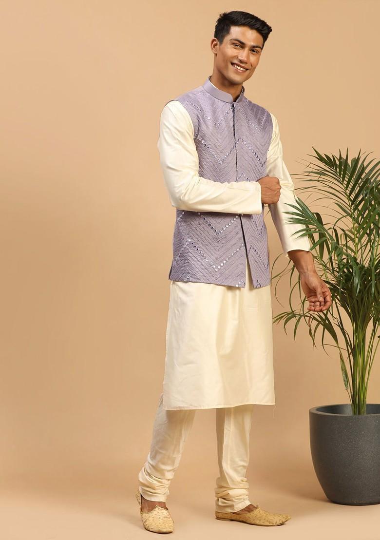 Cream Mirror Work Poly Blend Kurta Set For Men