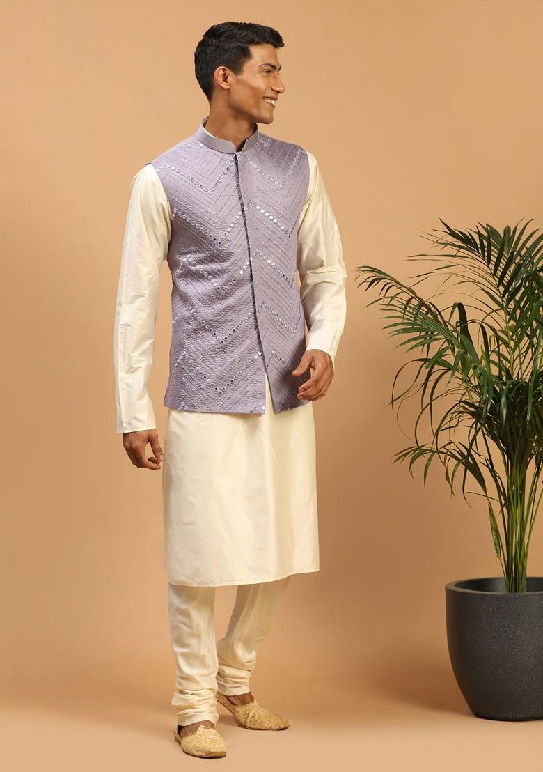 Cream Mirror Work Poly Blend Kurta Set For Men