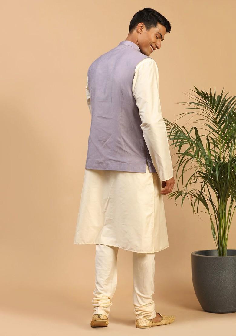 Cream Mirror Work Poly Blend Kurta Set For Men