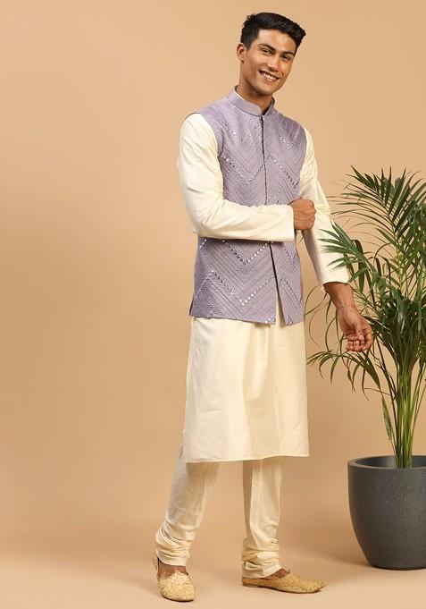 Cream Mirror Work Poly Blend Kurta Set For Men
