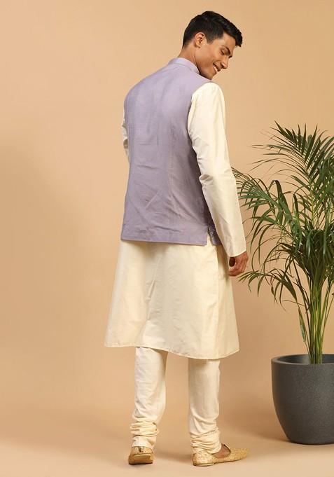Cream Mirror Work Poly Blend Kurta Set For Men