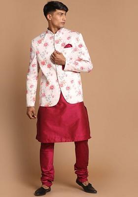 Fuchsia Pink Floral Print Poly Blend Kurta Set For Men