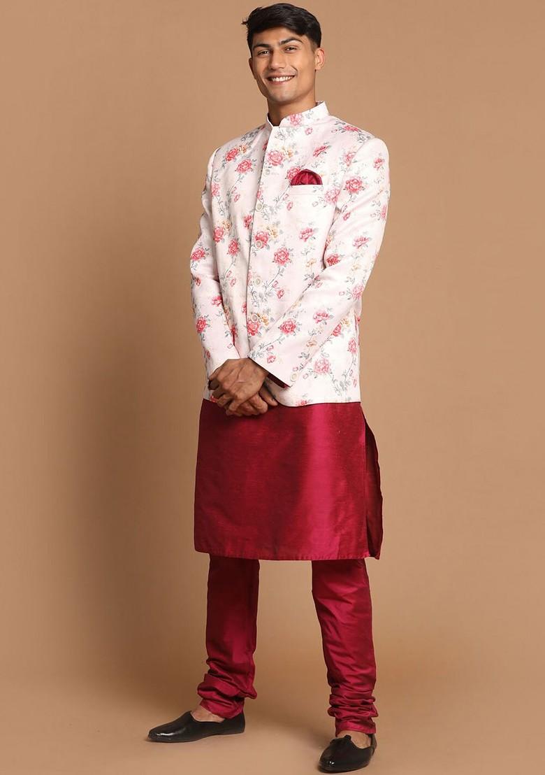 Fuchsia Pink Floral Print Poly Blend Kurta Set For Men