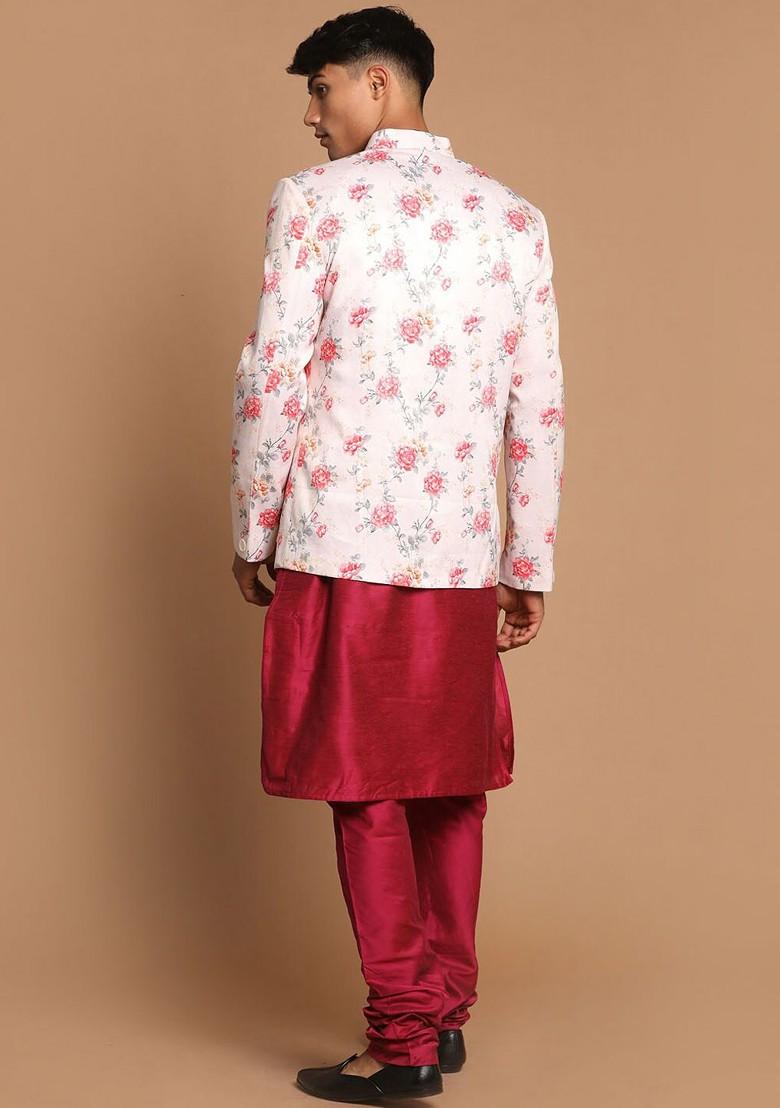 Fuchsia Pink Floral Print Poly Blend Kurta Set For Men