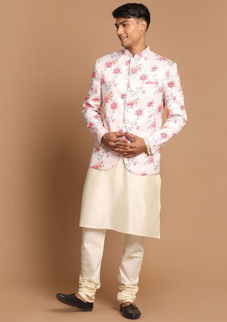 Cream Floral Print Poly Blend Kurta Set For Men