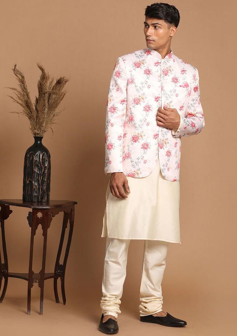 Cream Floral Print Poly Blend Kurta Set For Men