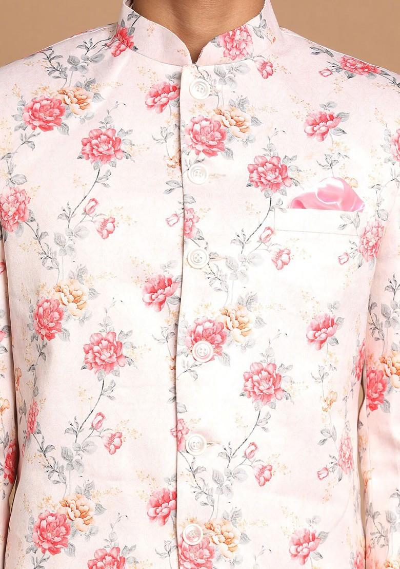 Cream Floral Print Poly Blend Kurta Set For Men