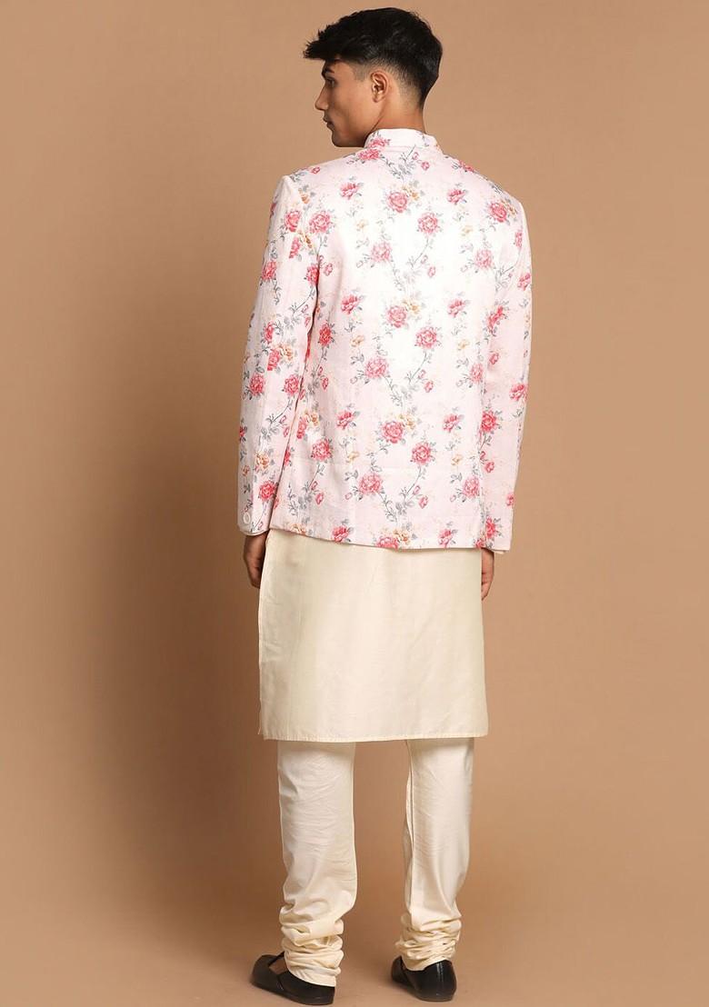 Cream Floral Print Poly Blend Kurta Set For Men