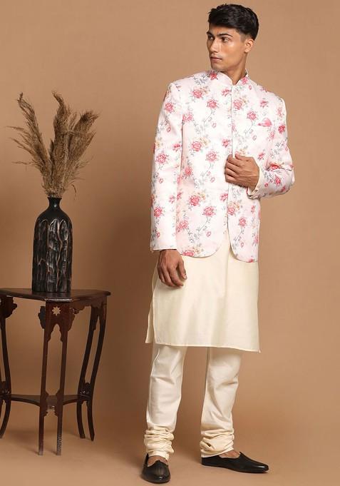 Cream Floral Print Poly Blend Kurta Set For Men