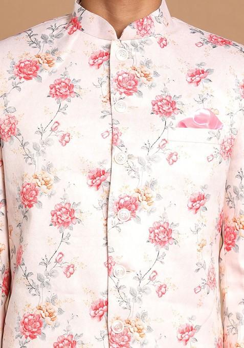 Cream Floral Print Poly Blend Kurta Set For Men