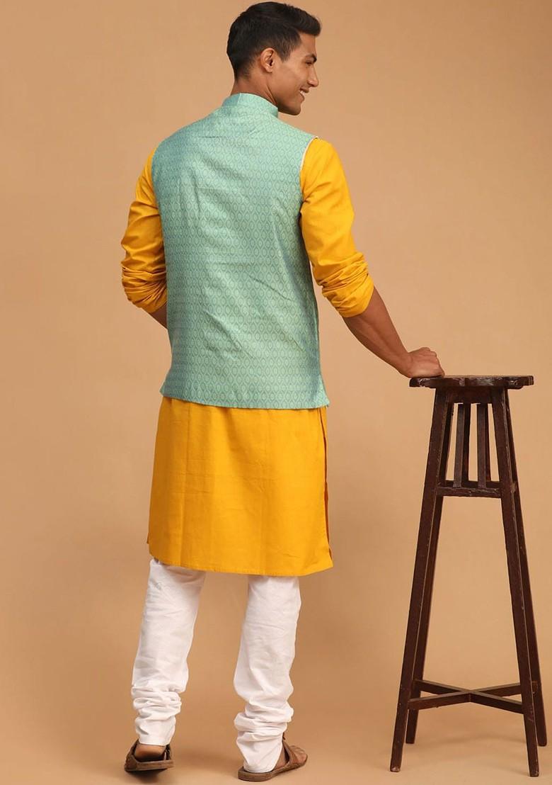 Mustard Solid Poly Blend Kurta Set For Men