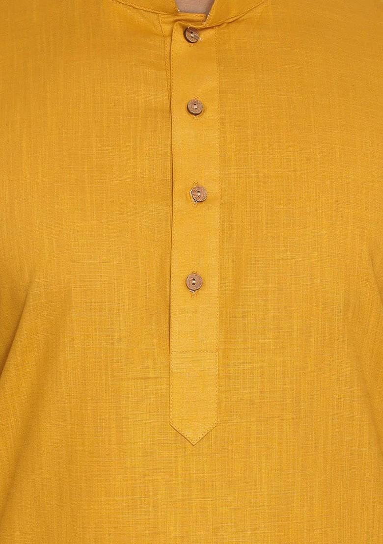 Mustard Solid Poly Blend Kurta Set For Men