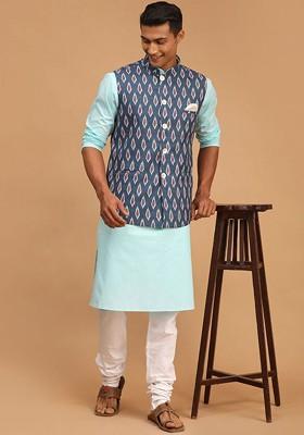 Blue Printed Poly Blend Kurta Set For Men