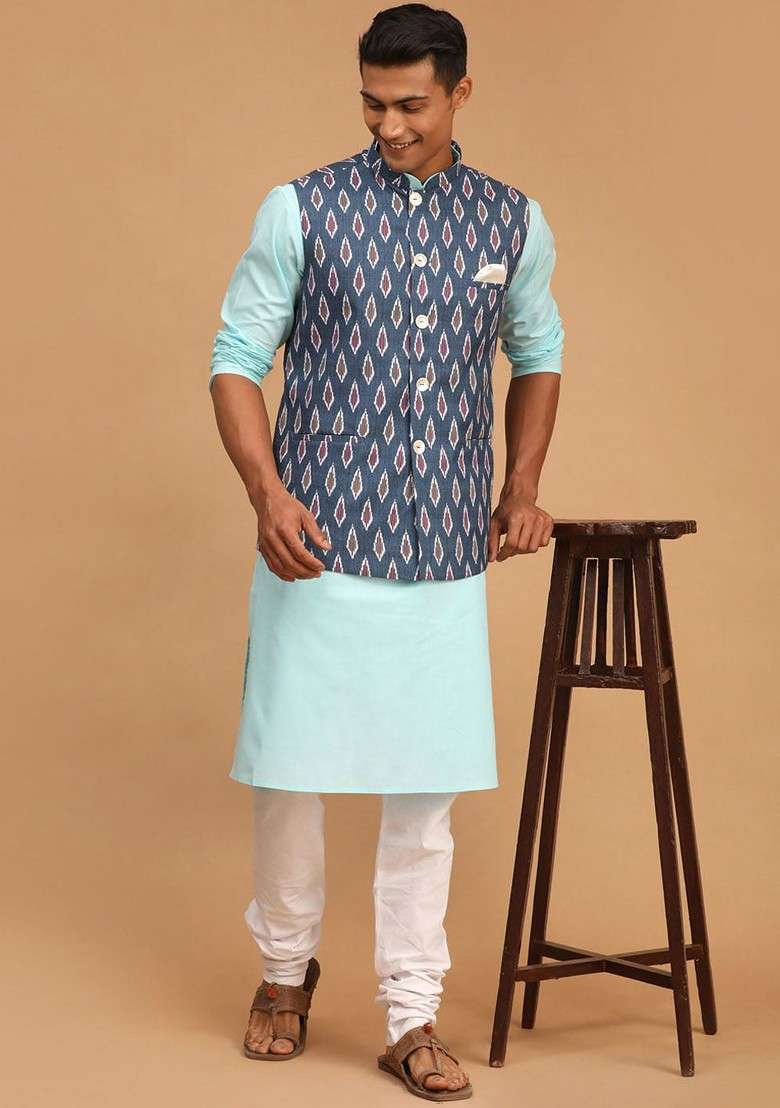Blue Printed Poly Blend Kurta Set For Men - Indya