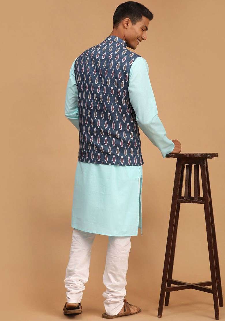 Blue Printed Poly Blend Kurta Set For Men - Indya