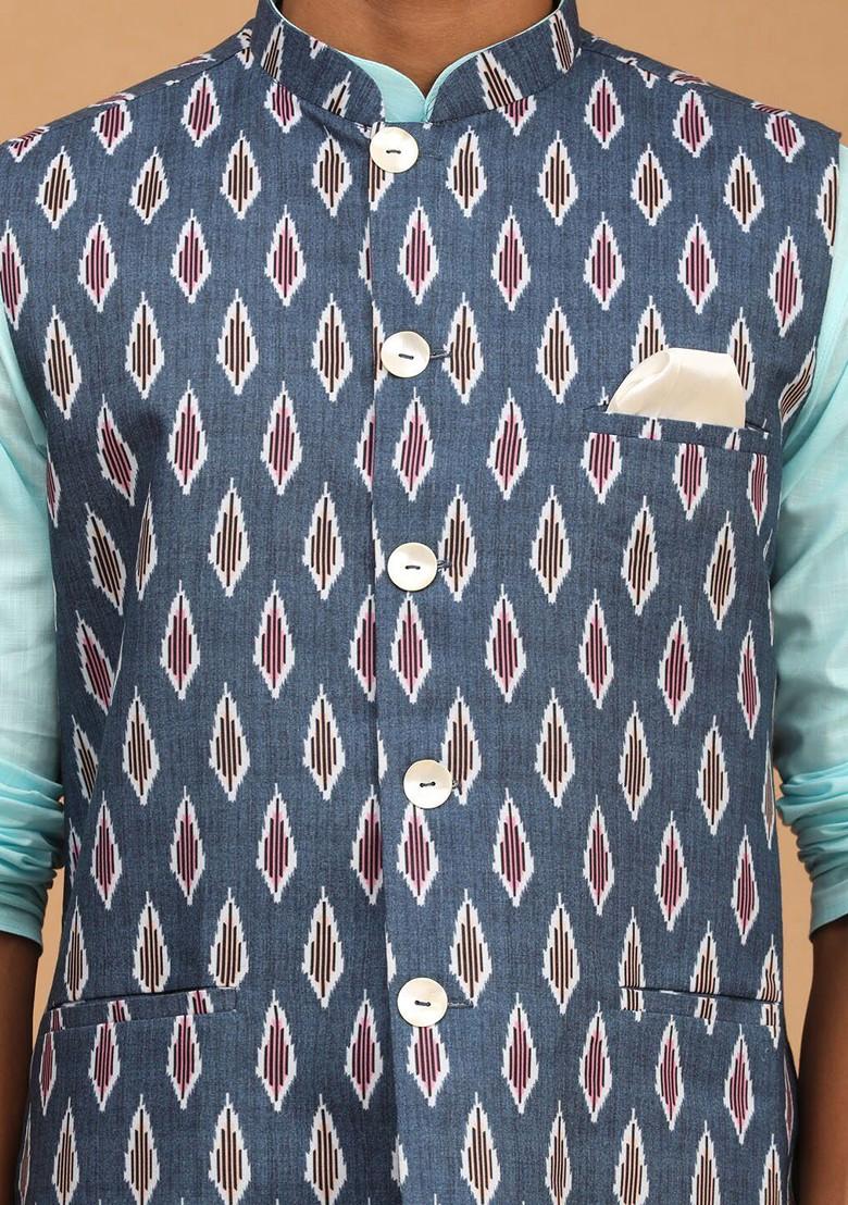 Blue Printed Poly Blend Kurta Set For Men