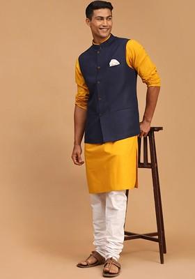 Mustard Solid Cotton Kurta Set For Men