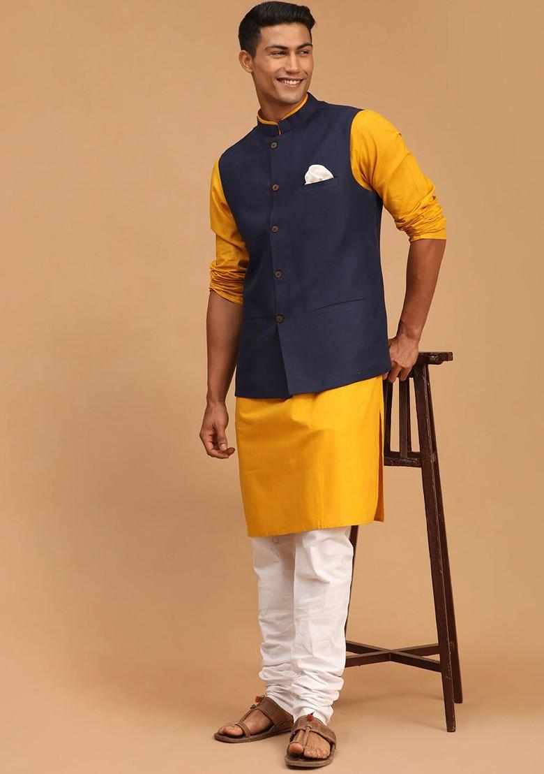 Mustard Solid Cotton Kurta Set For Men