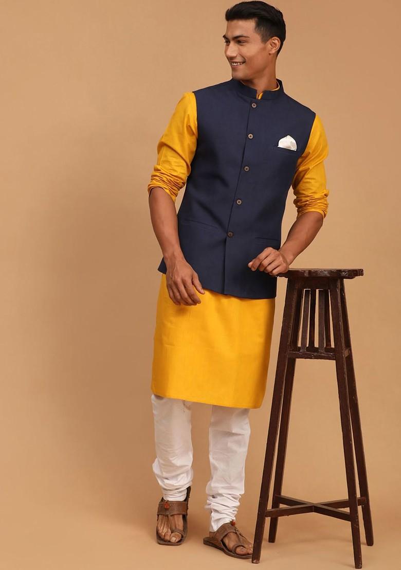 Mustard Solid Cotton Kurta Set For Men