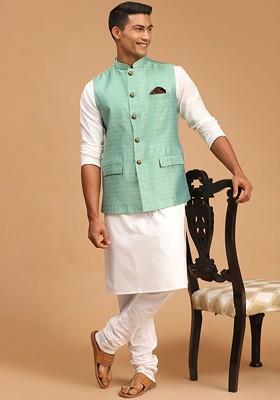 White Printed Poly Blend Kurta Set For Men