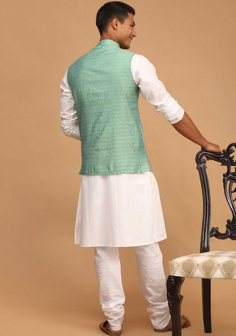 White Printed Poly Blend Kurta Set For Men