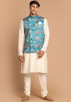 Cream Floral Print Poly Blend Kurta Set For Men