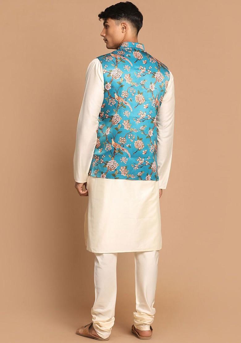 Cream Floral Print Poly Blend Kurta Set For Men