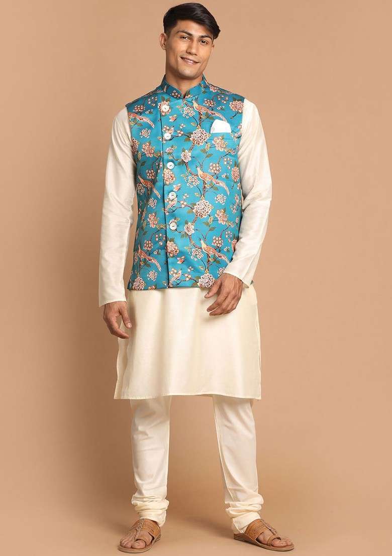 Cream Floral Print Poly Blend Kurta Set For Men - Indya