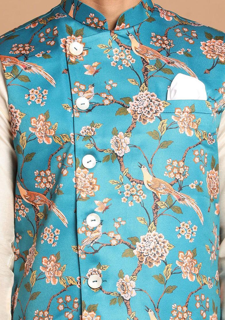 Cream Floral Print Poly Blend Kurta Set For Men
