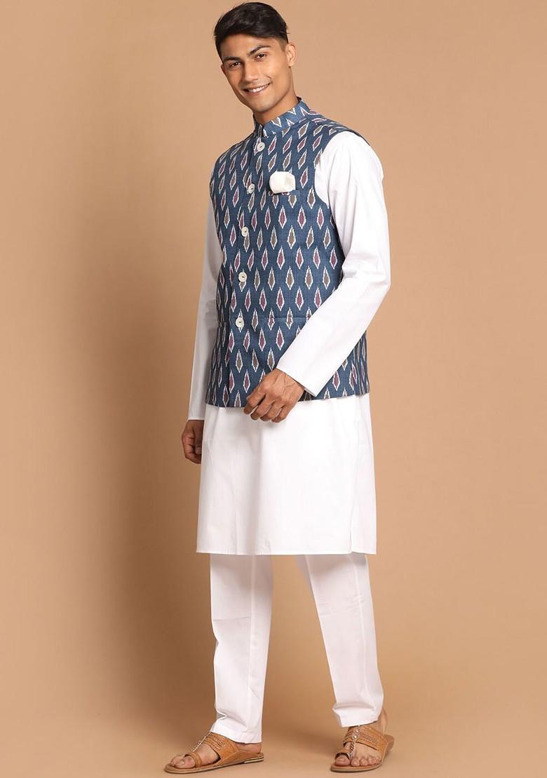 White Solid Cotton Kurta Set For Men