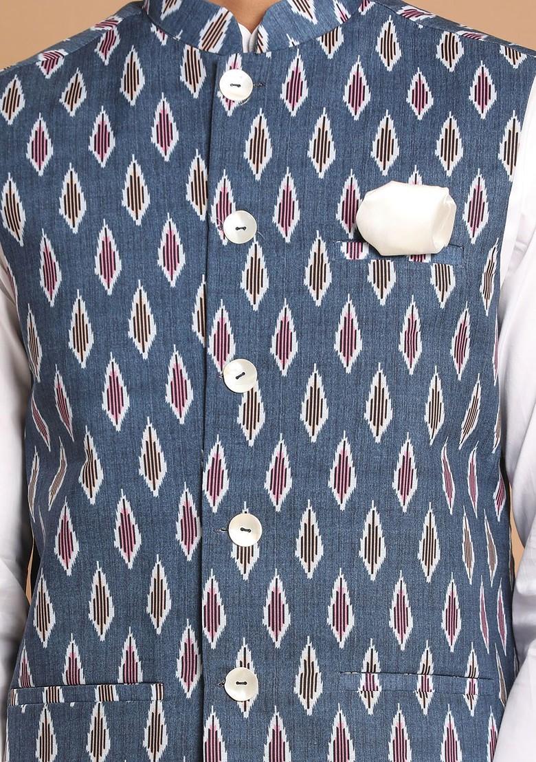 White Printed Cotton Kurta Set For Men