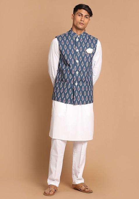 White Printed Cotton Kurta Set For Men