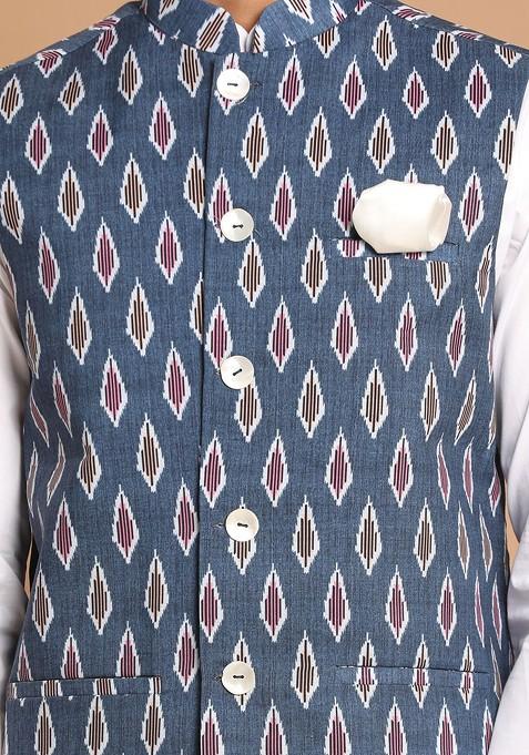 White Printed Cotton Kurta Set For Men