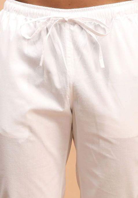 White Printed Cotton Kurta Set For Men