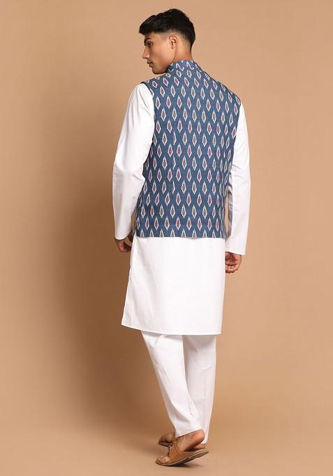 White Printed Cotton Kurta Set For Men