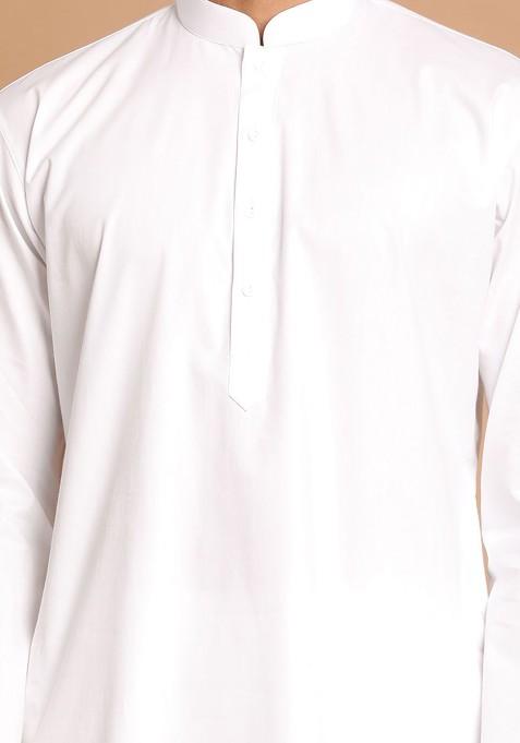 White Printed Cotton Kurta Set For Men