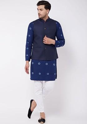 Blue Printed Cotton Kurta Set For Men